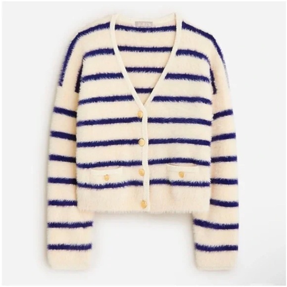 J.Crew Sweater Lady Jacket Striped Brushed Yarn Warm Sesame Indigo Preppy Medium - Picture 2 of 14